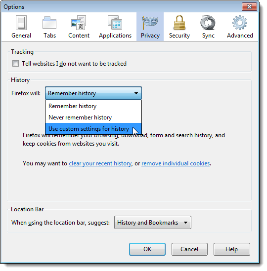 firefox use custom setting history